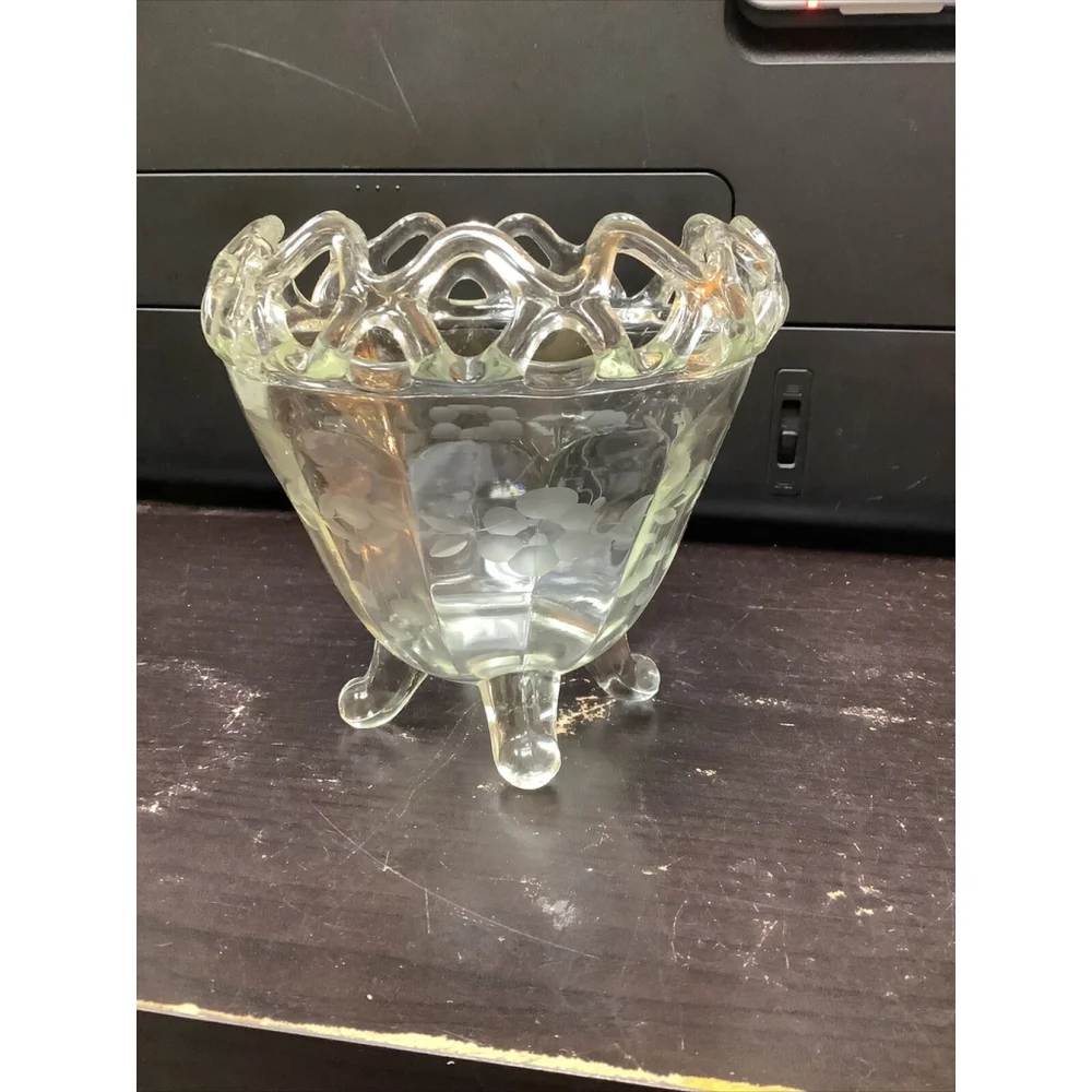 Vintage Glass Etched Floral Crystal 4 Footed Compote Bowl with Lace Top Imperial